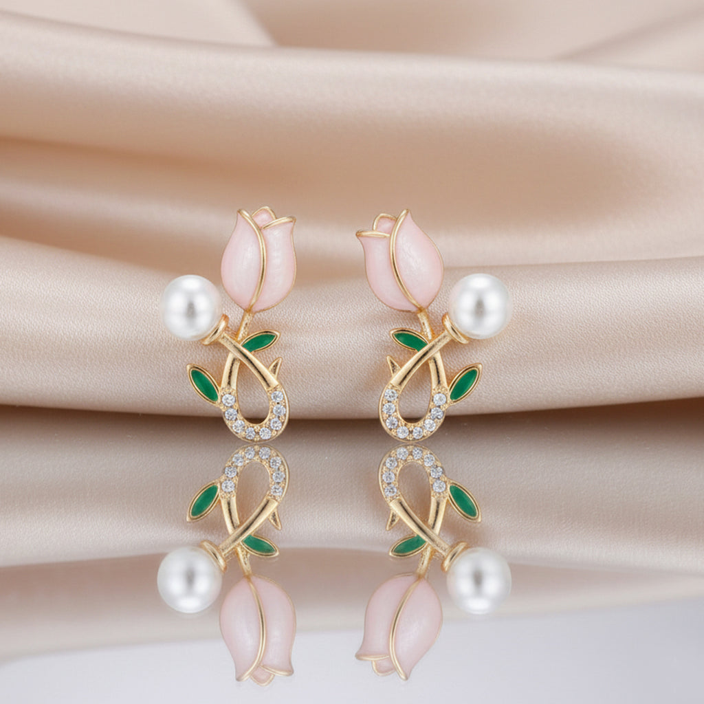 Pink Tulip Pearl Studs