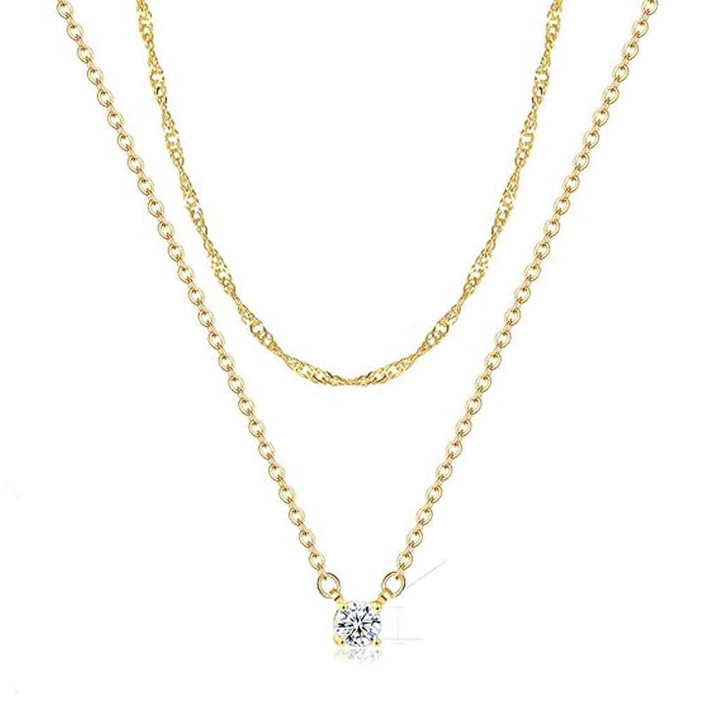 Plated layered necklace with zircon stone pendant