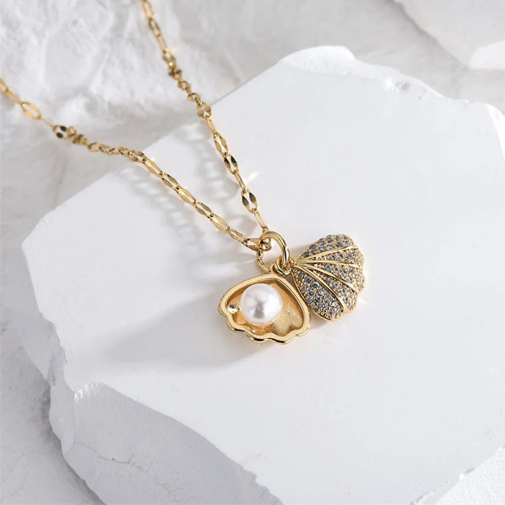 Pearl Within Shell American Diamond Pendant Necklace