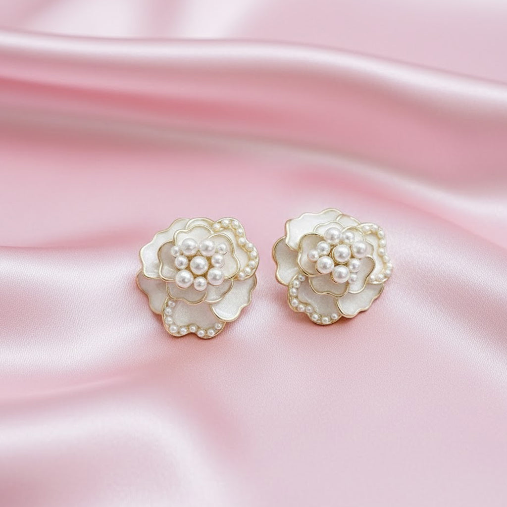 Elegant Pearl Floral Stud Earrings