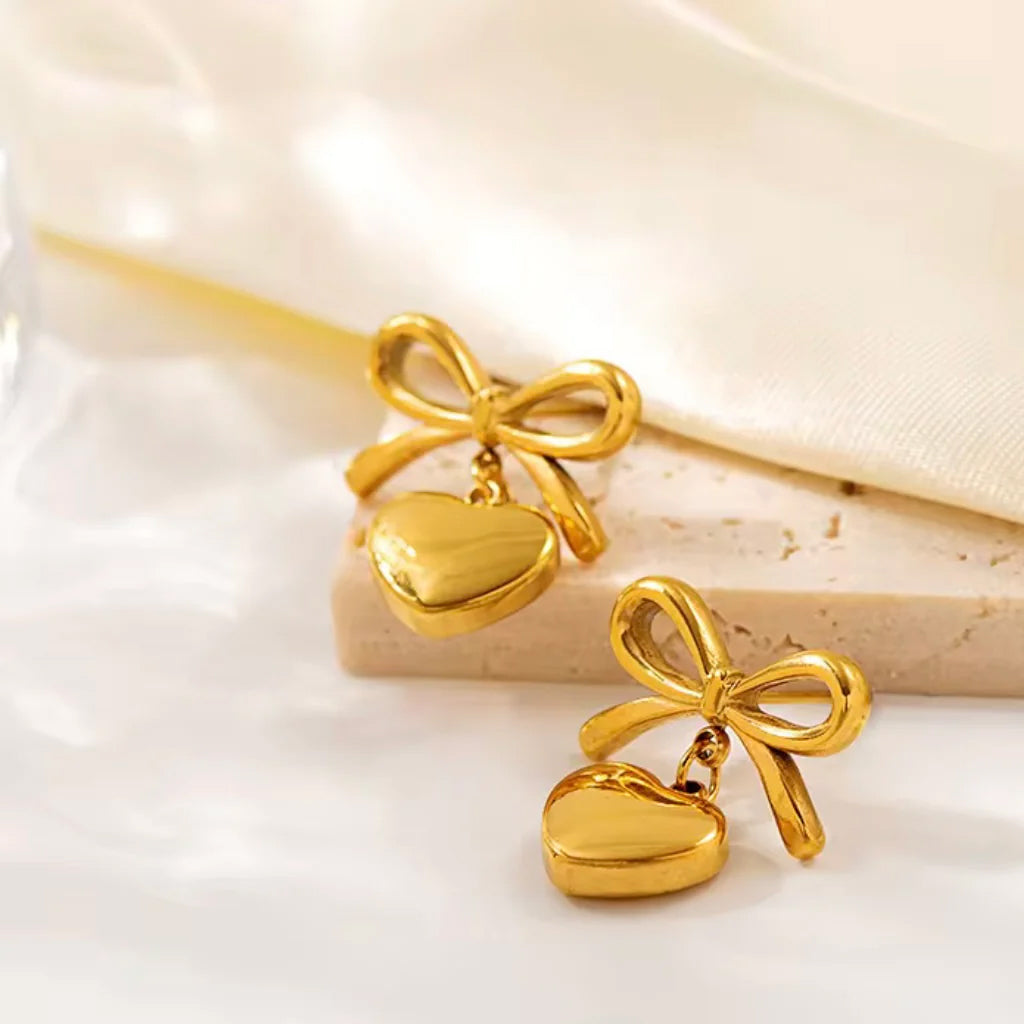 Gold Bow Heart  Drop Earrings