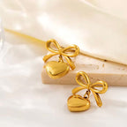 Gold Bow Heart  Drop Earrings