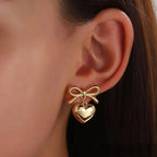 Gold Bow Heart  Drop Earrings