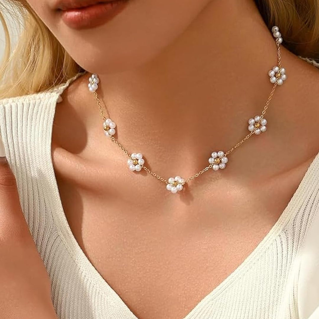 Gold-Plated Floral Pearl  Necklace