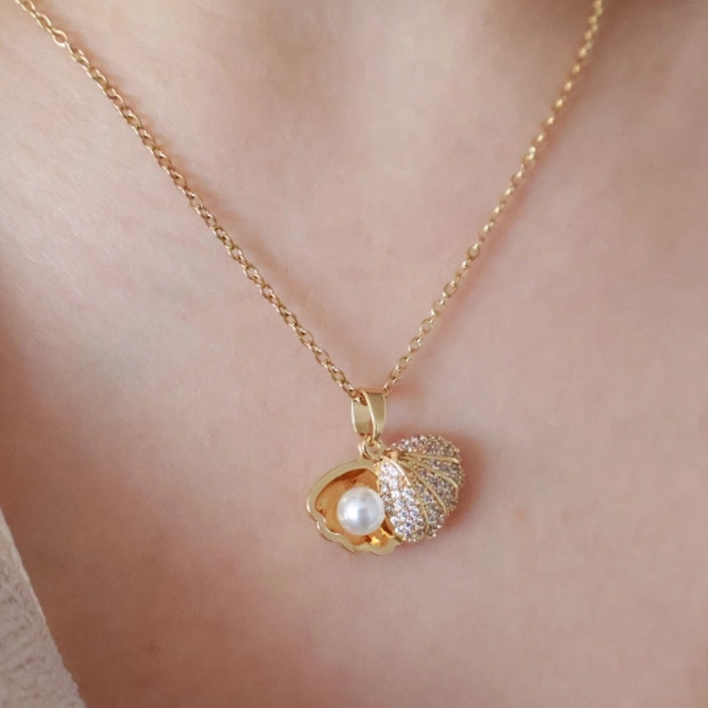 Pearl Within Shell American Diamond Pendant Necklace