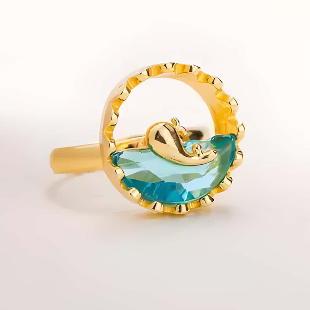 Ocean Dolphin Design Blue Stone Gold Ring