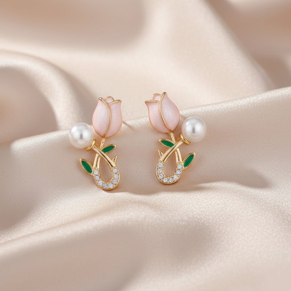 Pink Tulip Pearl Studs