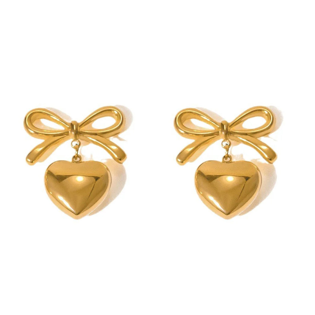 Gold Bow Heart  Drop Earrings