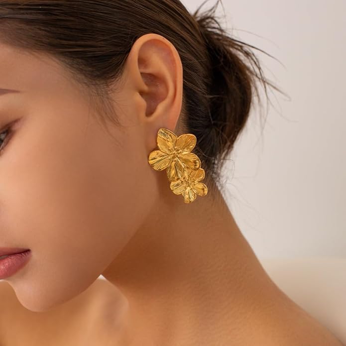 Stainless Gold Floral Drop Earrings