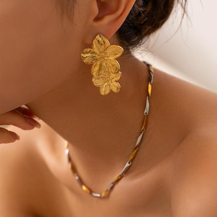 Stainless Gold Floral Drop Earrings