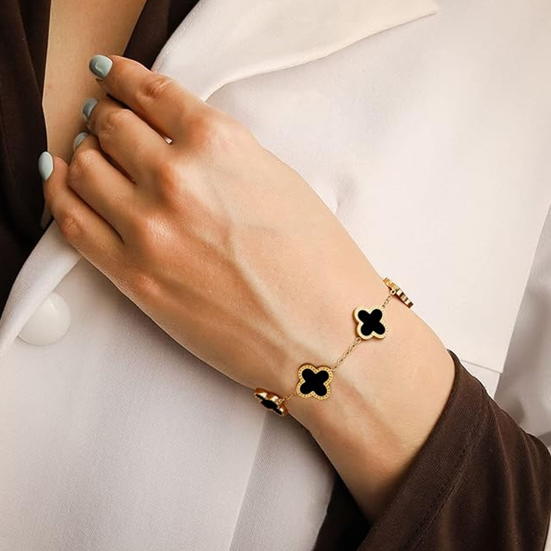 Gold Plated Black Clover Charm Bracelet