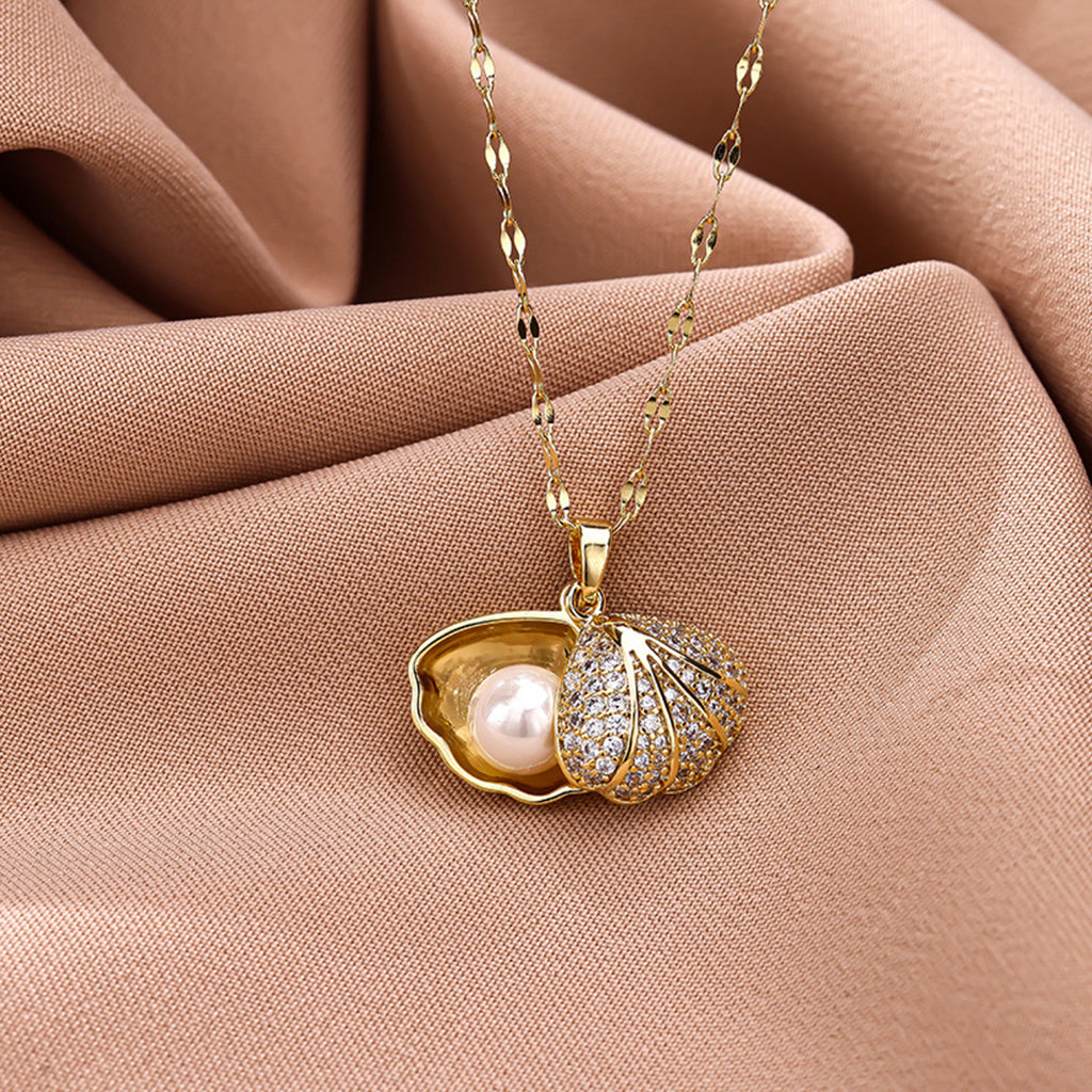 Pearl Within Shell American Diamond Pendant Necklace
