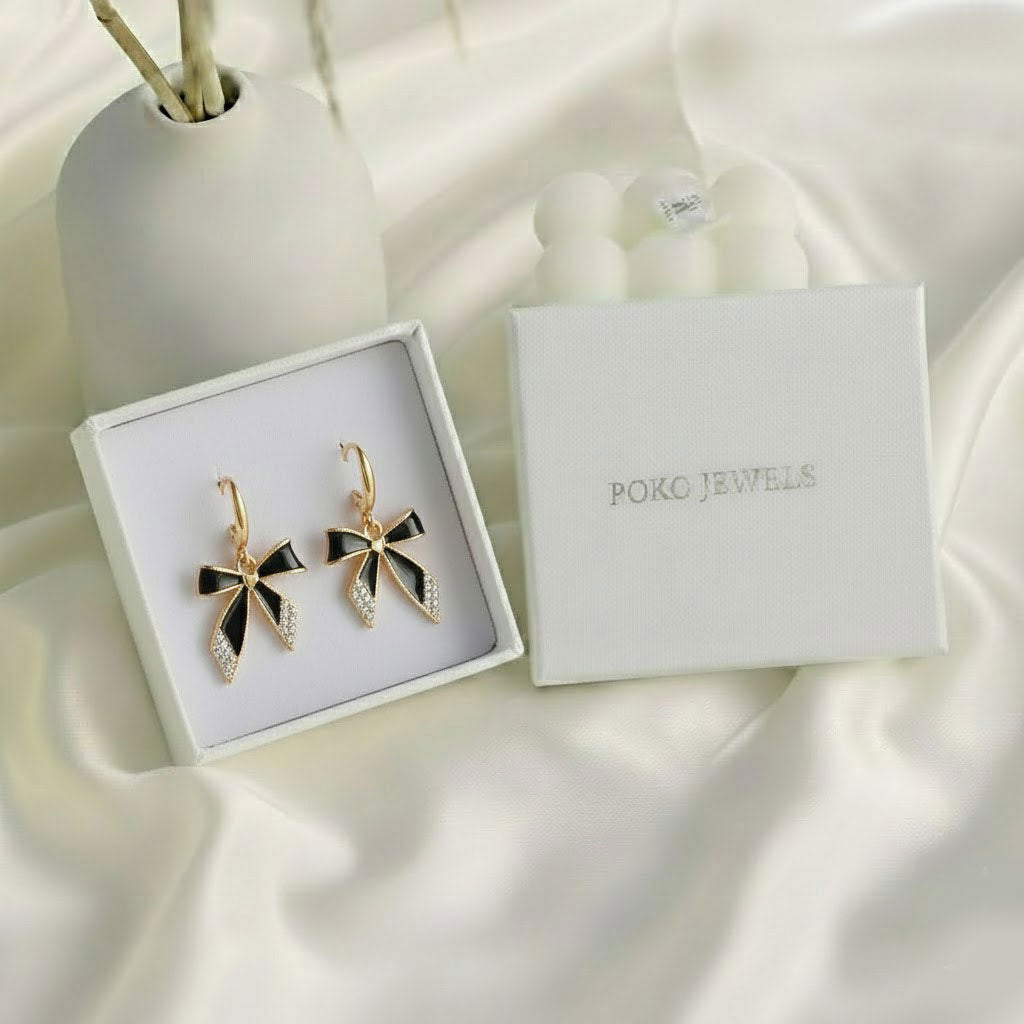 Black Bow Gold Finish Drop Earrings