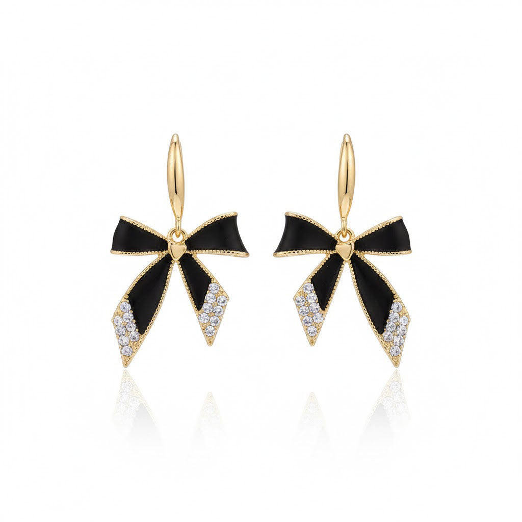 Black Bow Gold Finish Drop Earrings