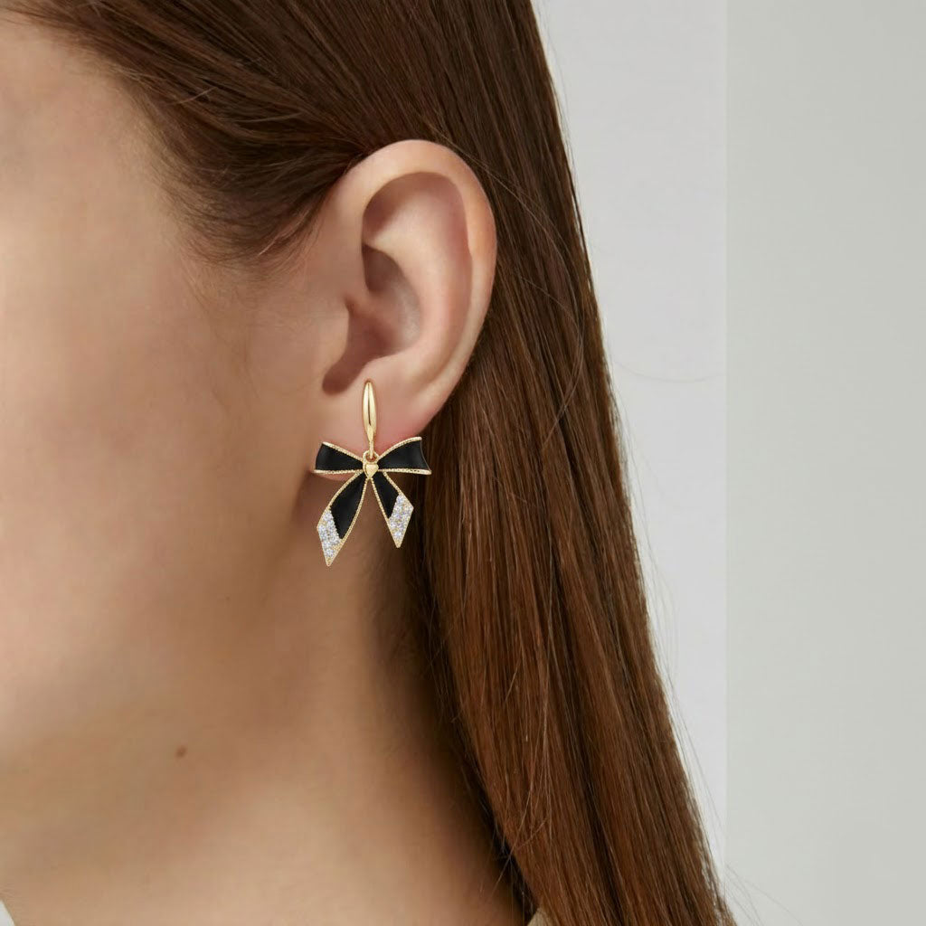 Black Bow Gold Finish Drop Earrings